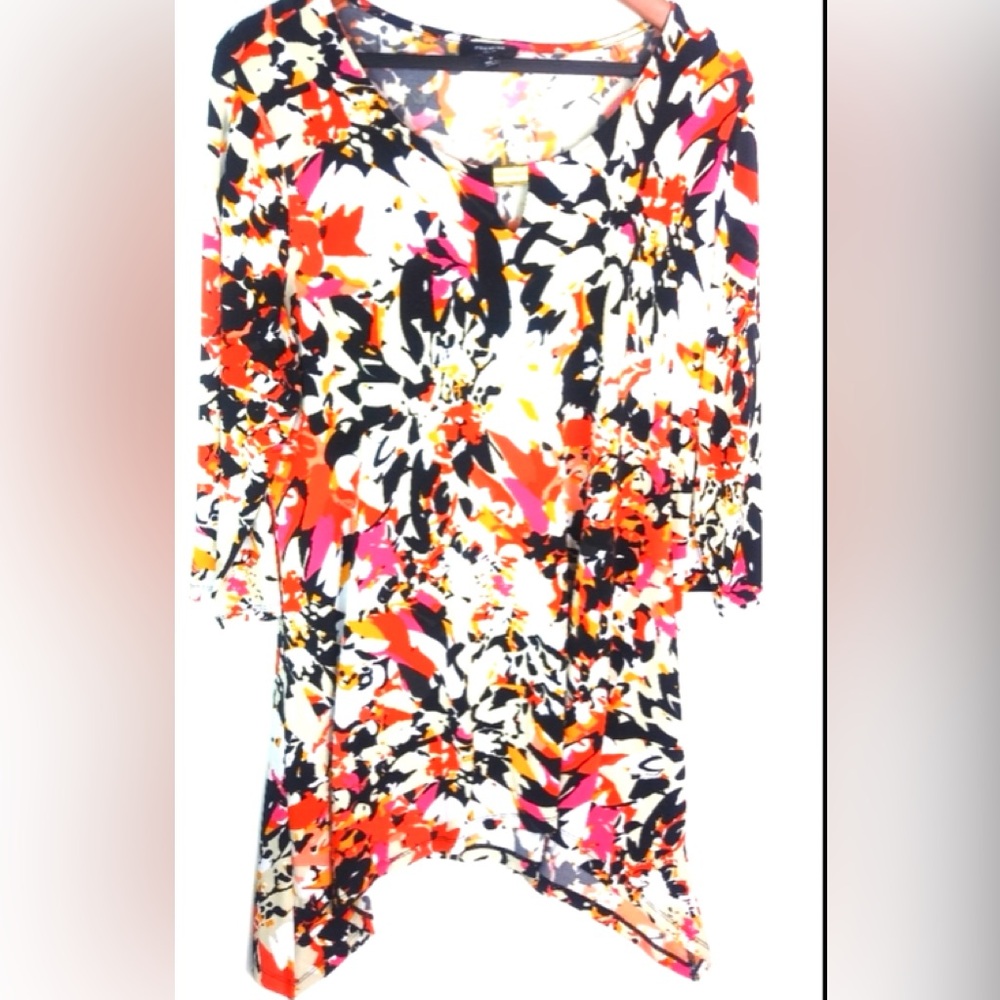 Premise 1X Workeear Orange Pink Floral Tunic Asymmetrical Hem Top Plus